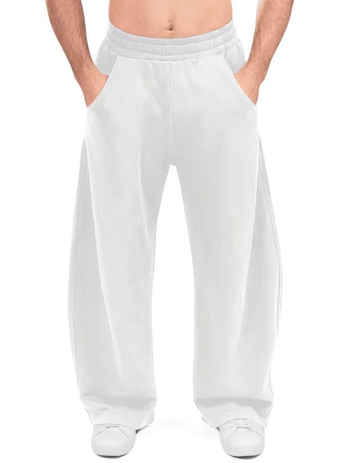 HeSaYep Men's Fleece Baggy Sweatpants Wide Leg Barrel Sweat Pants Lounge Athletic Gym Pants with Pockets, White, S - Image 1