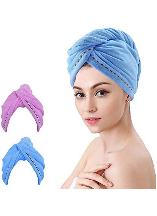 Generic 2 Pack Hair Towel, Microfiber Hair Towel Wrap Quick Dry Super Absorbent Twist Hair Turban with Buttons Anti-Frizz for Women Girls Long & Curly Hair, Blue & Purple  - Image 1