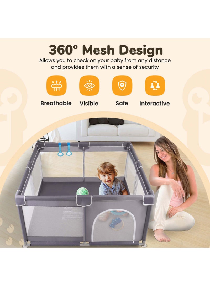 CoddleBaby Baby Playpen, Large Baby Playard with 127×127 cm Space, 360° Mesh Visibility, Safety Zipper Door, Non-Slip Base, Includes Ocean Balls & Pull Rings - Image 2