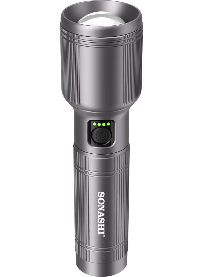 SONASHI Rechargeable LED Torch with Aerospace-Grade Aluminum Body | 20W Hyper Bright Laser LED, 1200m Range, 1500 Lumens | Zoom Function: ON–High–Low–OFF (Double Click for Strobe & SOS) | Water, Shock & Corrosion Resistant | 4000mAh Battery, Type-C Charging | SLT-604Z - Image 1