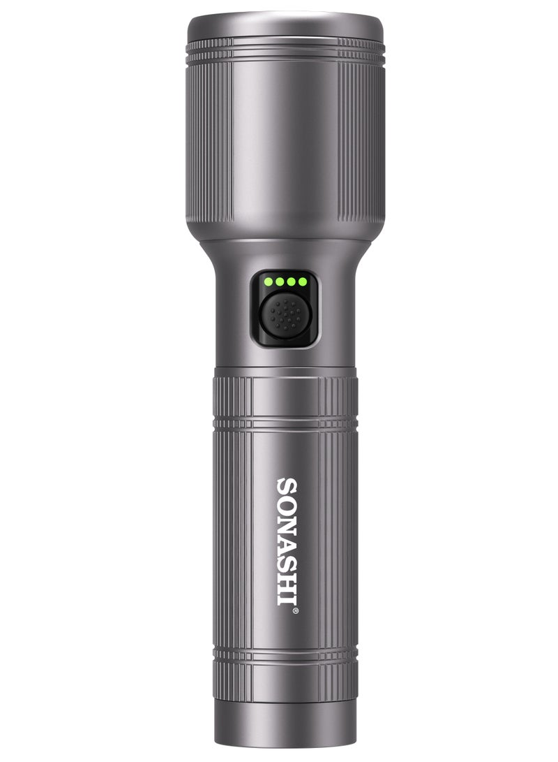 SONASHI Rechargeable LED Torch with Aerospace-Grade Aluminum Body | 20W Hyper Bright Laser LED, 1200m Range, 1500 Lumens | Zoom Function: ON–High–Low–OFF (Double Click for Strobe & SOS) | Water, Shock & Corrosion Resistant | 4000mAh Battery, Type-C Charging | SLT-604Z - Image 2