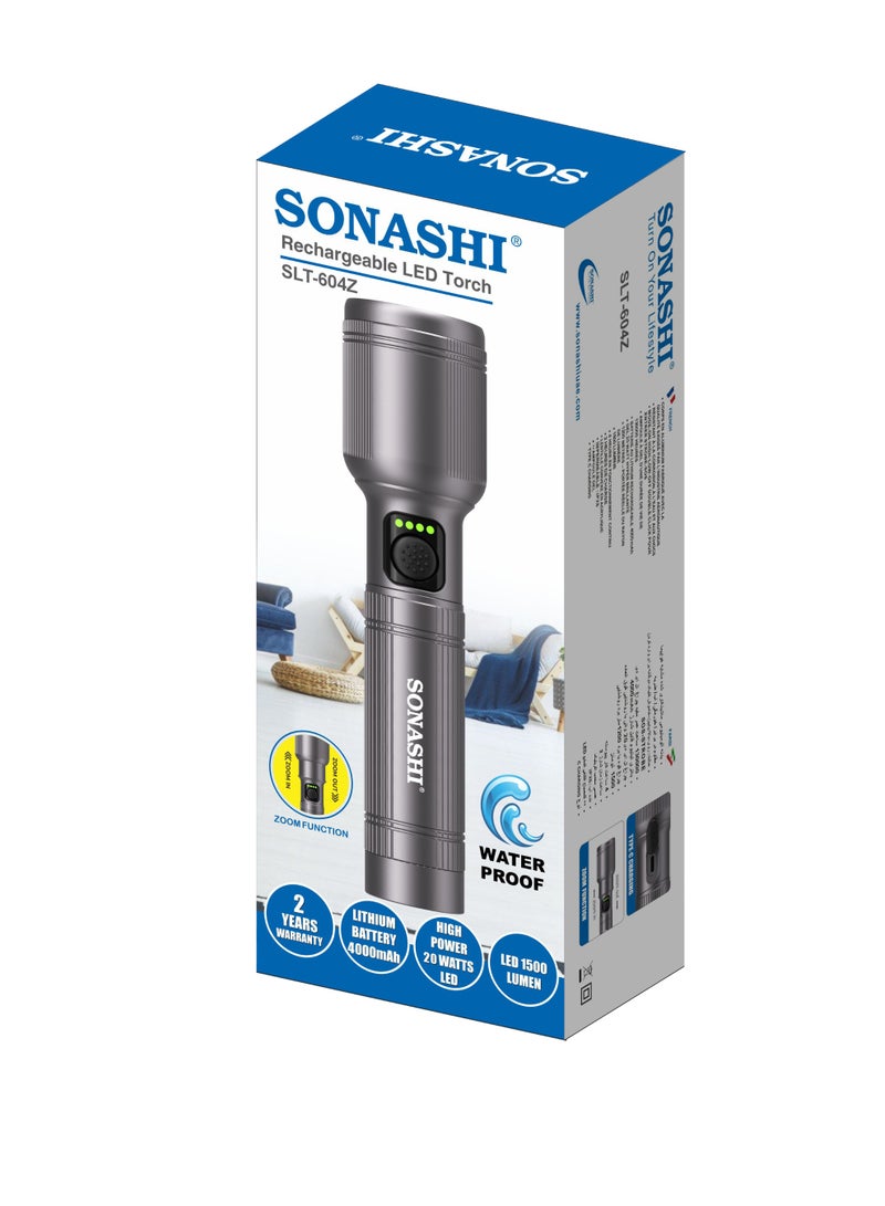 SONASHI Rechargeable LED Torch with Aerospace-Grade Aluminum Body | 20W Hyper Bright Laser LED, 1200m Range, 1500 Lumens | Zoom Function: ON–High–Low–OFF (Double Click for Strobe & SOS) | Water, Shock & Corrosion Resistant | 4000mAh Battery, Type-C Charging | SLT-604Z - Image 5