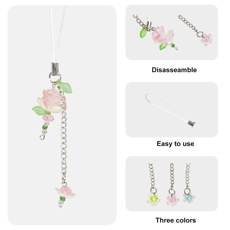 MAKIOTEKO 3 Pcs Lotus Flower Phone Charms, Cute Beaded Flower Phone Strap Y2K Accessories for Bag Keychain Camera Pendants Decor - Image 2