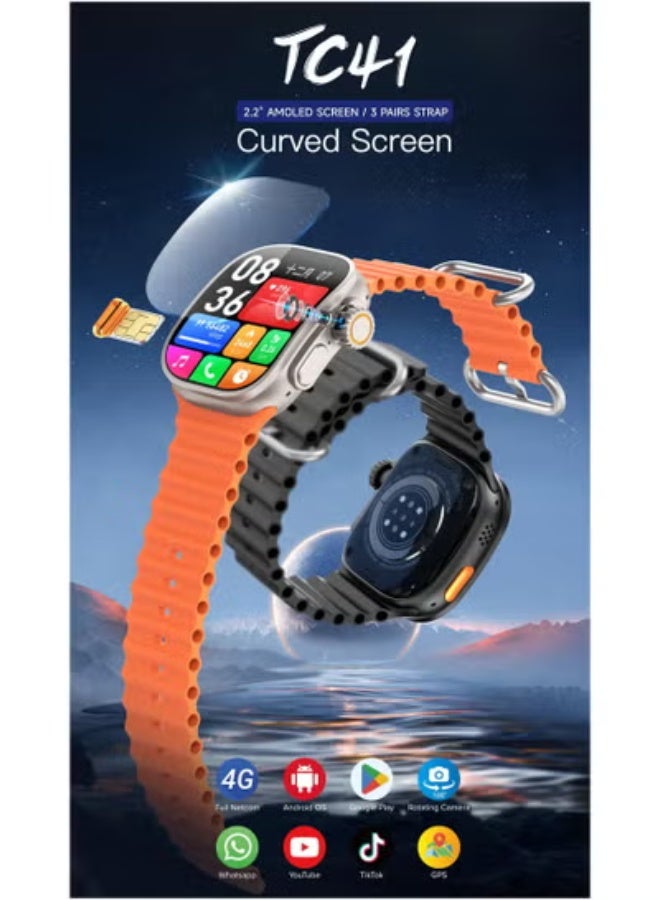 Telzeal TC41 Smartwatch with 2.2-Inch AMOLED Curved Display – 4G SIM Support, HD Camera, 3 Stylish Strap Options & Charging Cable – Smart Fitness Watch for Men & Women – Heart Rate Monitor, Step Counter & Notifications – Black Fitness Tracker for Android & iOS - Image 4