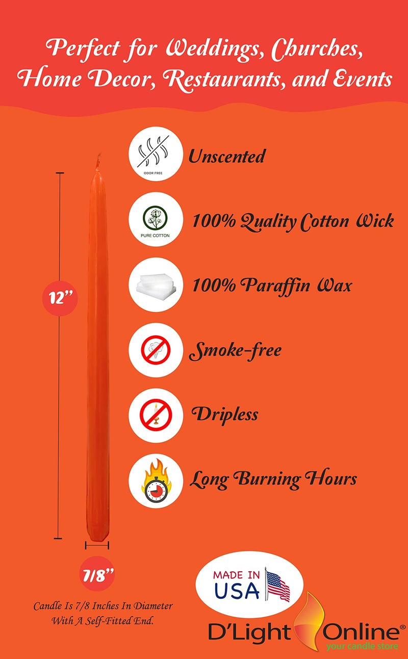 D'light Online Elegant Unscented 12" Orange Taper Candles Premium Quality Hand-Dipped Tapered Candles, Dripless and Smokeless - Set of 12 Individually Wrapped (12 Inch, Orange) - Image 2