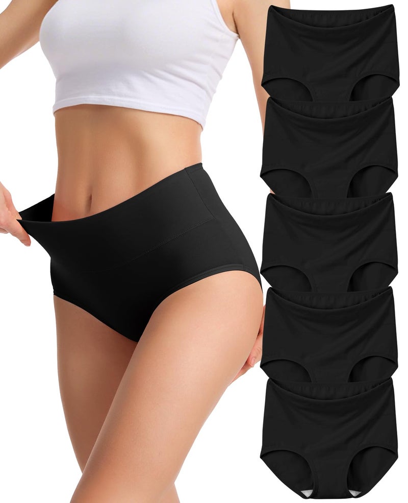 Sunm Boutique Cotton Underwear for Women, Full Coverage High Waisted Women's Briefs, Soft Breathable Ladies Panties (5 Pack, Large, Black) - Image 1