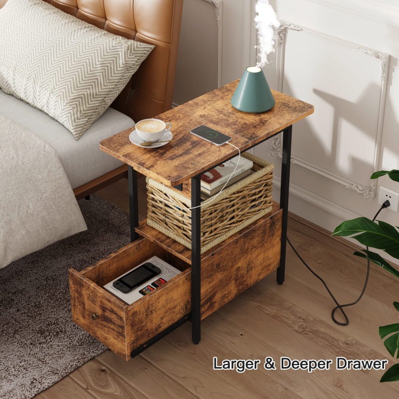 LIDYUK End Table with Charging Station, Narrow Side Table with Drawer and USB Ports & Power Outlets, Nightstand Bedside Tables for Small Spaces, Bedroom, Living Room, Rustic Brown - Image 2