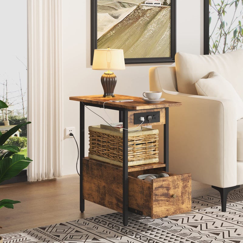 LIDYUK End Table with Charging Station, Narrow Side Table with Drawer and USB Ports & Power Outlets, Nightstand Bedside Tables for Small Spaces, Bedroom, Living Room, Rustic Brown - Image 3