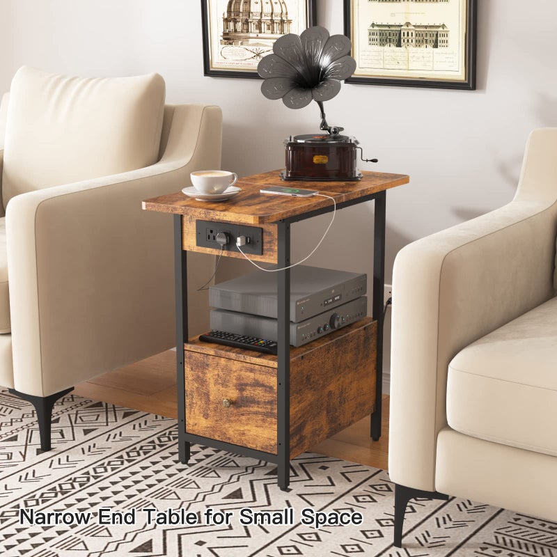 LIDYUK End Table with Charging Station, Narrow Side Table with Drawer and USB Ports & Power Outlets, Nightstand Bedside Tables for Small Spaces, Bedroom, Living Room, Rustic Brown - Image 5