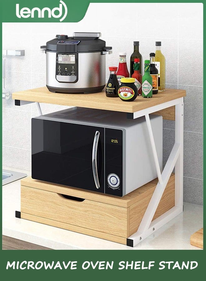لينند حامل رفوف فرن ميكروويف من طبقتين، رف خباز قائم، وحدة رفوف فوق الميكروويف مع درج واحد، منظم سطح المطبخ، رف تخزين للمطبخ بإطار معدني علوي خشبي (والنت) - Image 1