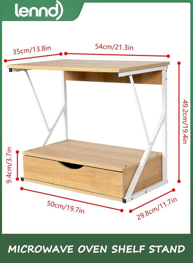 لينند حامل رفوف فرن ميكروويف من طبقتين، رف خباز قائم، وحدة رفوف فوق الميكروويف مع درج واحد، منظم سطح المطبخ، رف تخزين للمطبخ بإطار معدني علوي خشبي (والنت) - Image 2