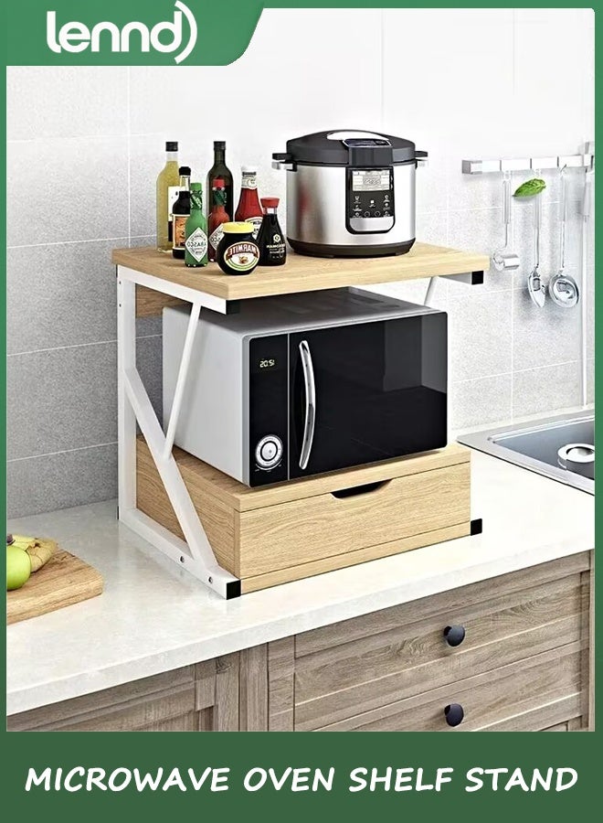لينند حامل رفوف فرن ميكروويف من طبقتين، رف خباز قائم، وحدة رفوف فوق الميكروويف مع درج واحد، منظم سطح المطبخ، رف تخزين للمطبخ بإطار معدني علوي خشبي (والنت) - Image 3