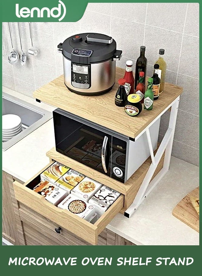 لينند حامل رفوف فرن ميكروويف من طبقتين، رف خباز قائم، وحدة رفوف فوق الميكروويف مع درج واحد، منظم سطح المطبخ، رف تخزين للمطبخ بإطار معدني علوي خشبي (والنت) - Image 4