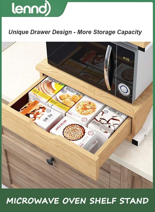 لينند حامل رفوف فرن ميكروويف من طبقتين، رف خباز قائم، وحدة رفوف فوق الميكروويف مع درج واحد، منظم سطح المطبخ، رف تخزين للمطبخ بإطار معدني علوي خشبي (والنت) - Image 5