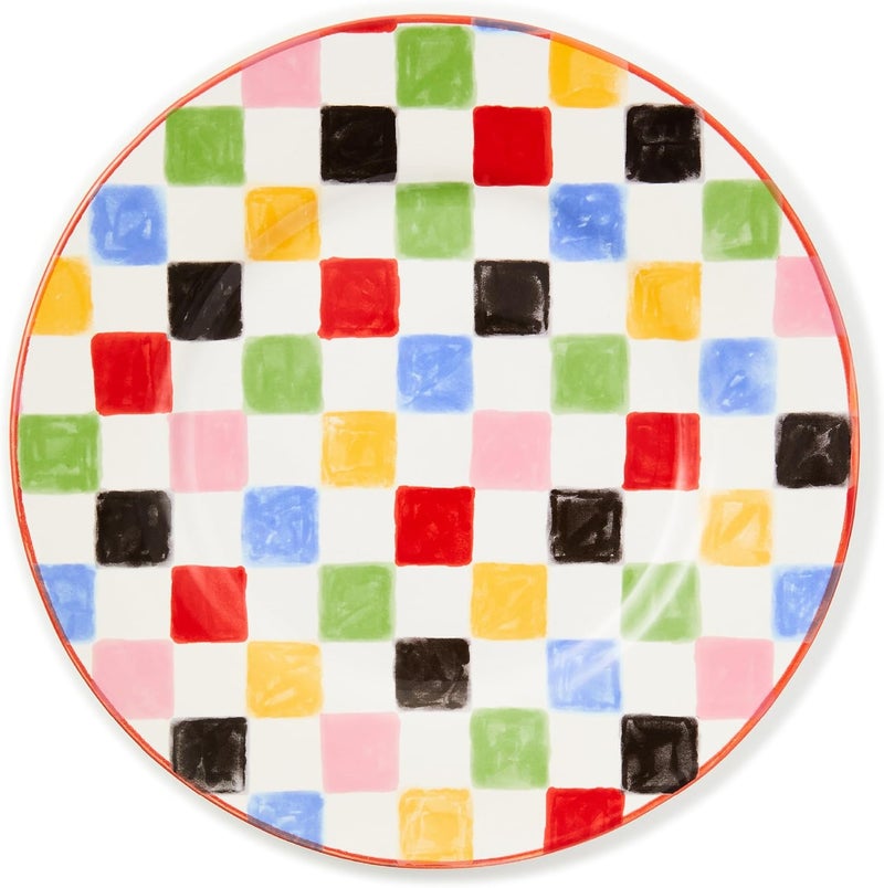 mackenzie childs MACKENZIECHILDS Stoneware Dinner Plate DishwasherSafe and MicrowaveSafe Plate 11 Inches Multi Check - Image 1