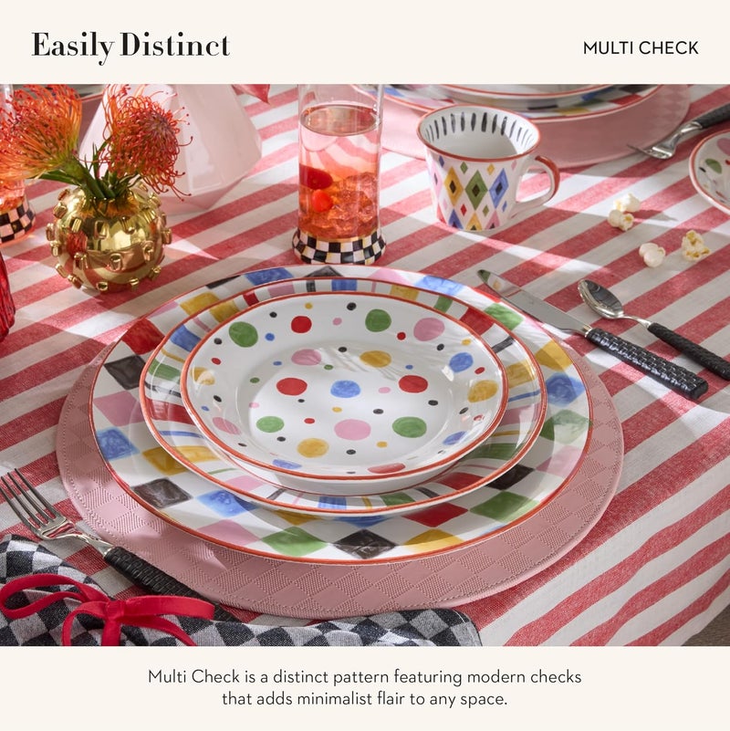 mackenzie childs MACKENZIECHILDS Stoneware Dinner Plate DishwasherSafe and MicrowaveSafe Plate 11 Inches Multi Check - Image 3