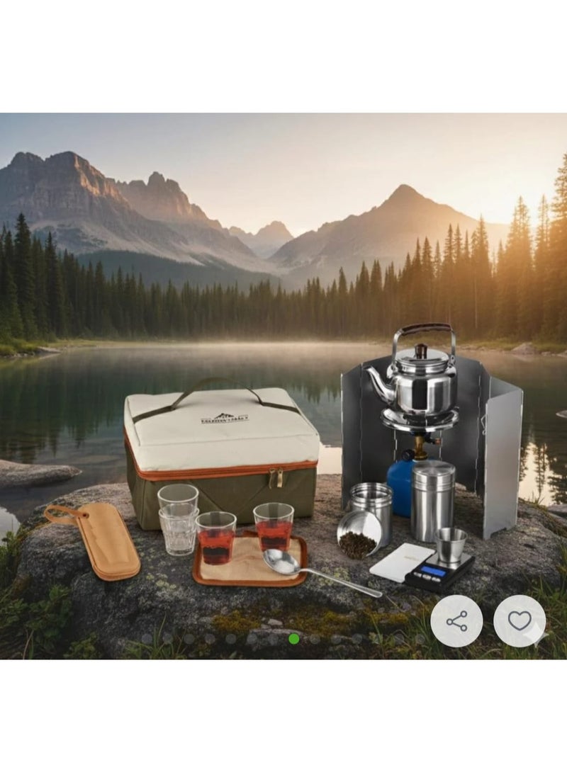 عائلة التخييم طقم عزبة شاي للرحلات والتخييم – شنطة متكاملة مع غلاية ستانلس وموقد غاز وحاجب رياح وأدوات تحضير الشاي للاستخدام الخارجي - Image 5