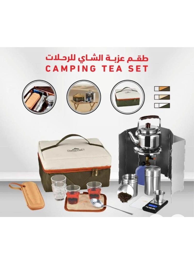 عائلة التخييم طقم عزبة شاي للرحلات والتخييم – شنطة متكاملة مع غلاية ستانلس وموقد غاز وحاجب رياح وأدوات تحضير الشاي للاستخدام الخارجي - Image 3