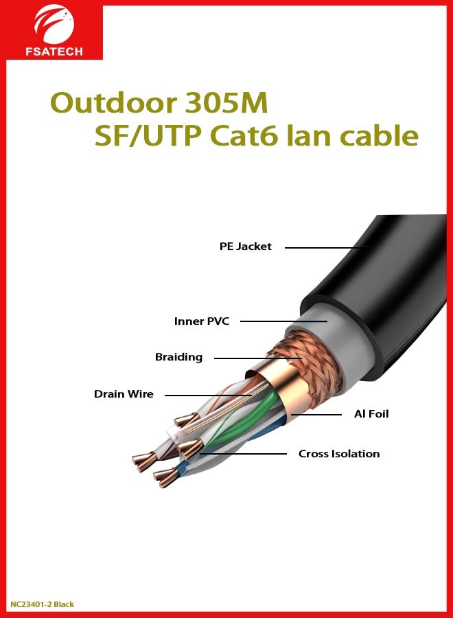 FSATECH NC23401-2 S/FTP Cat6 23AWG كابل حماية مزدوج نحاسي كامل 305 متر/طبل مقاوم للماء والأشعة فوق البنفسجية - Image 2