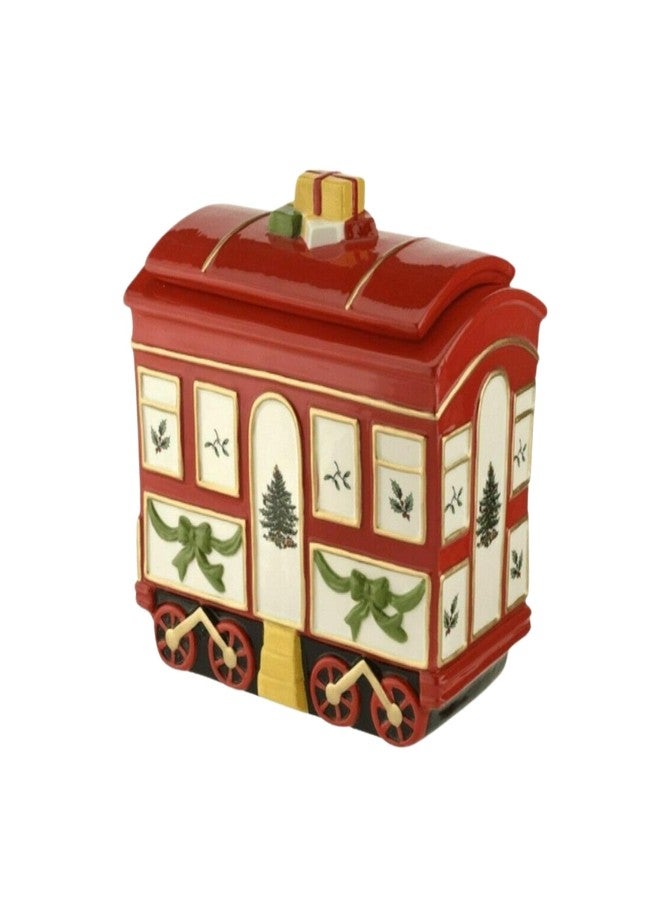 Spode Christmas Tree Cookie Jar with Lid, 8.5" Ceramic Holiday Train Car Dish for Cookies, Candy, Nuts - Festive Christmas Home Decor & Holiday Treats Jar - Great for Collectors - Image 1