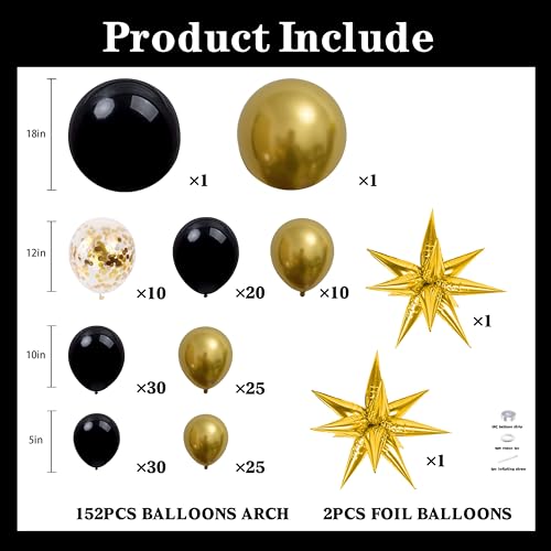 Jenlion Black and Gold Balloon Arch Kit with 2 Starburst Foil Balloons 154pcs 1812105in Confetti Garland for 2026 Graduation New Years Eve Birthday Retirement Party Decorations - Image 5