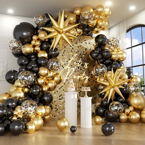 Jenlion Black and Gold Balloon Arch Kit with 2 Starburst Foil Balloons 154pcs 1812105in Confetti Garland for 2026 Graduation New Years Eve Birthday Retirement Party Decorations - Image 1