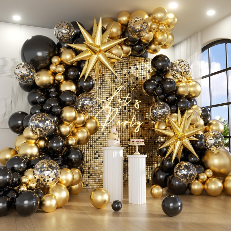 Jenlion Black and Gold Balloon Arch Kit with 2 Starburst Foil Balloons 154pcs 1812105in Confetti Garland for 2026 Graduation New Years Eve Birthday Retirement Party Decorations - Image 3