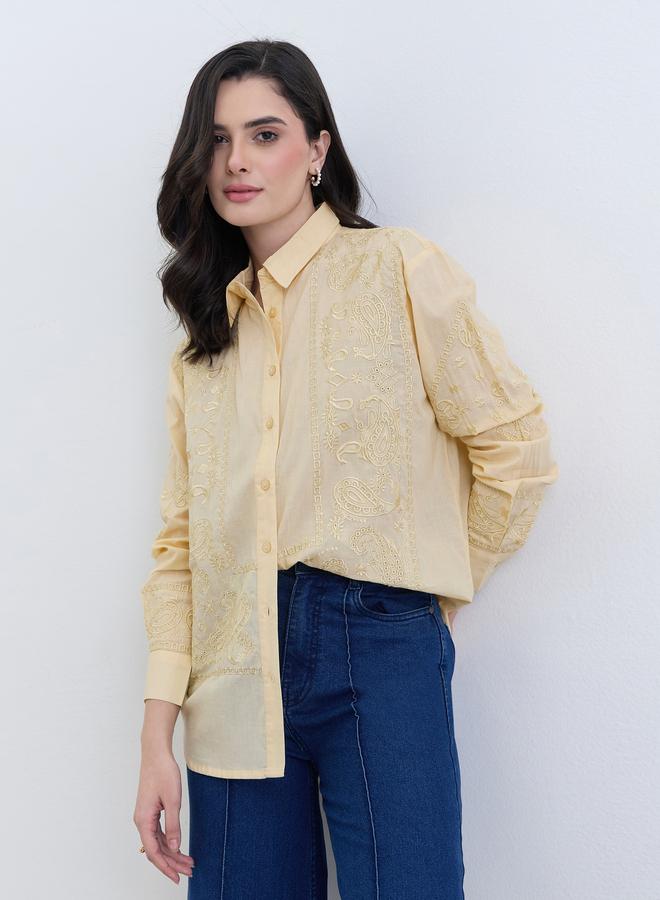 Styli Yellow Embroidered Regular Fit Shirt - Image 3
