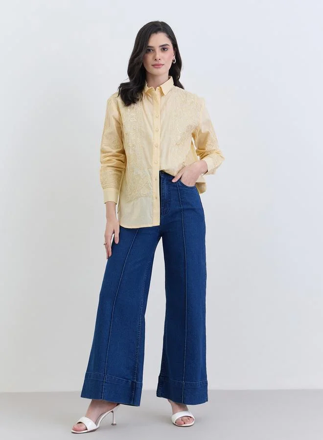 Styli Yellow Embroidered Regular Fit Shirt