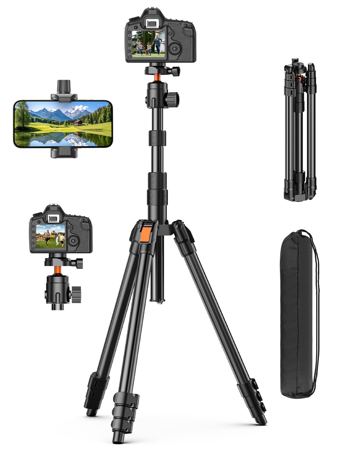 TONEOF Heavy Duty Camera Tripod, Camera and Cell Phone Tripod Stand, Up to 180cm, 1/4" screw, with 360° Panoramic Ball Head, Trval Tripod for Camera/Smartphone/Projector/Ring Light/Telescope