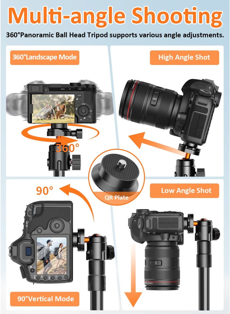 تونوف حامل ثلاثي القوائم للكاميرات والهواتف المحمولة، حتى 180 سم، برغي 1/4 بوصة، مع رأس كروي بانورامي 360 درجة، حامل ثلاثي القوائم من Trval للكاميرات/الهاتف الذكي/جهاز العرض/حلقة الإضاءة/التلسكوب - Image 3