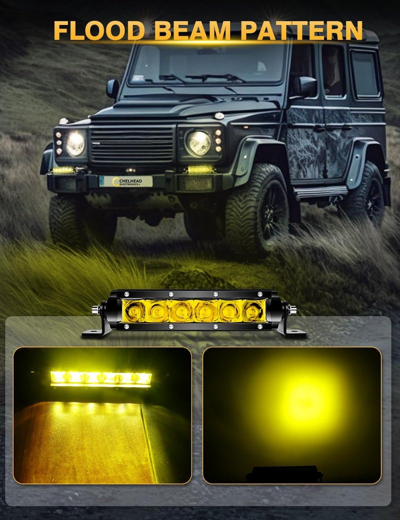 Chelhead User friendly optimized build Slim Led Light bar, 7 Inch Light Bar Flood Beam Yellow Fog Light Single Row 30W 3600lm led headlight bar for Motorcycle ATV Offroad Trucks Boat General purpose design - Image 4