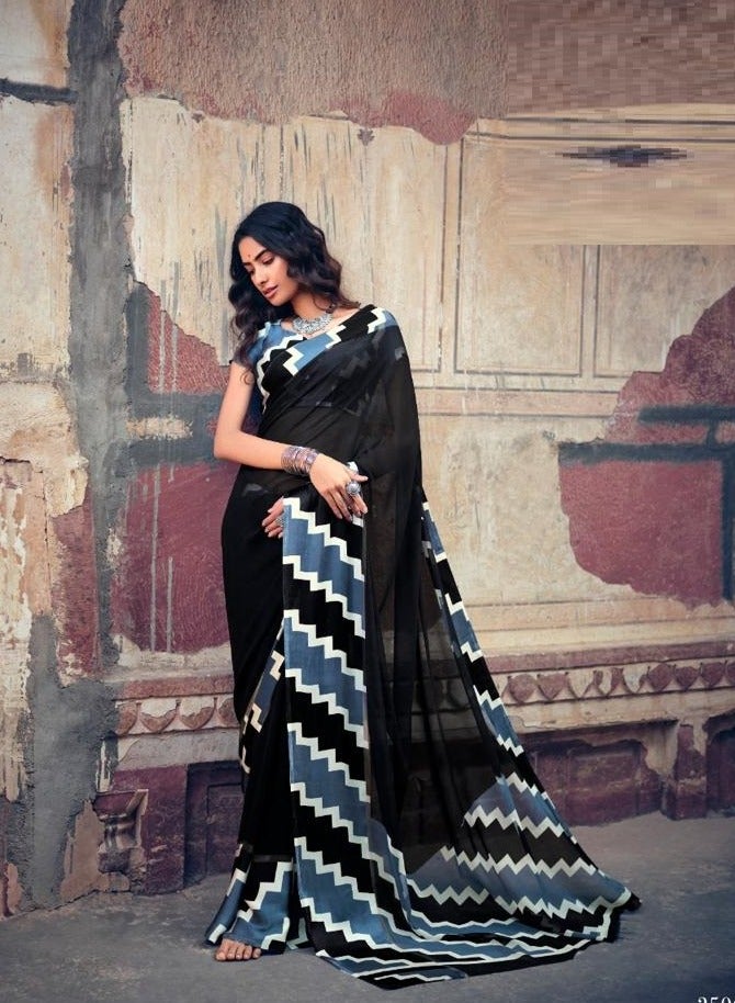 Grab Mantra Georgette Black Saree With White ZigZag Border All over Plus Satin Unstitched Blouse - Image 2