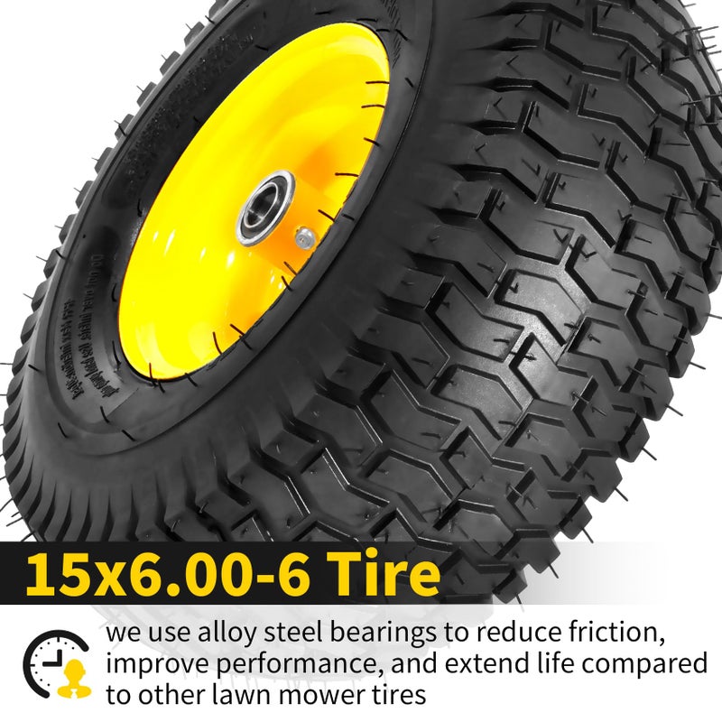 RONPOW 15x6.00-6nhs Lawn Mower Tires and Wheels, Riding Lawn Mower and Tractor Front Pneumatic Tire Replacement Assembly, Compatible with john deere Mower, 3" Offset Hub, 3/4" Bearing, 2Pack Yellow - Image 4
