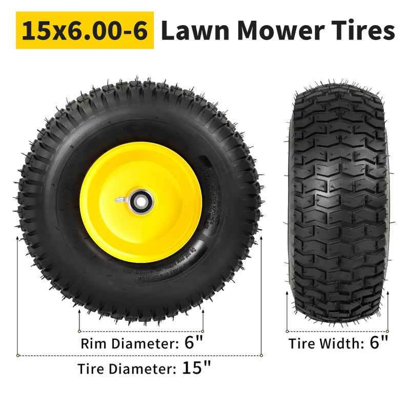 RONPOW 15x6.00-6nhs Lawn Mower Tires and Wheels, Riding Lawn Mower and Tractor Front Pneumatic Tire Replacement Assembly, Compatible with john deere Mower, 3" Offset Hub, 3/4" Bearing, 2Pack Yellow - Image 2