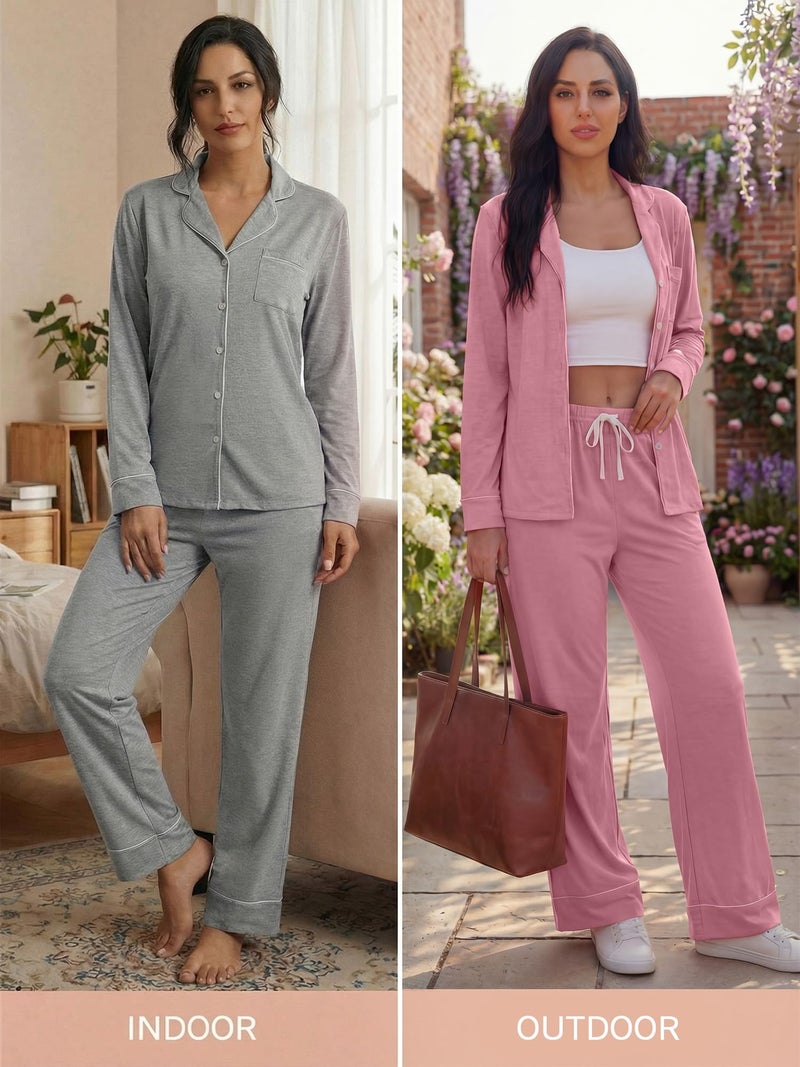 Simlakey 2 Pack Womens Pajama Sets Long Sleeve Button Down Sleepwear 2 Piece Soft Warm Notch Collar Nightwear Pjs Lounge Set(Pink/light Gray,Medium) - Image 2