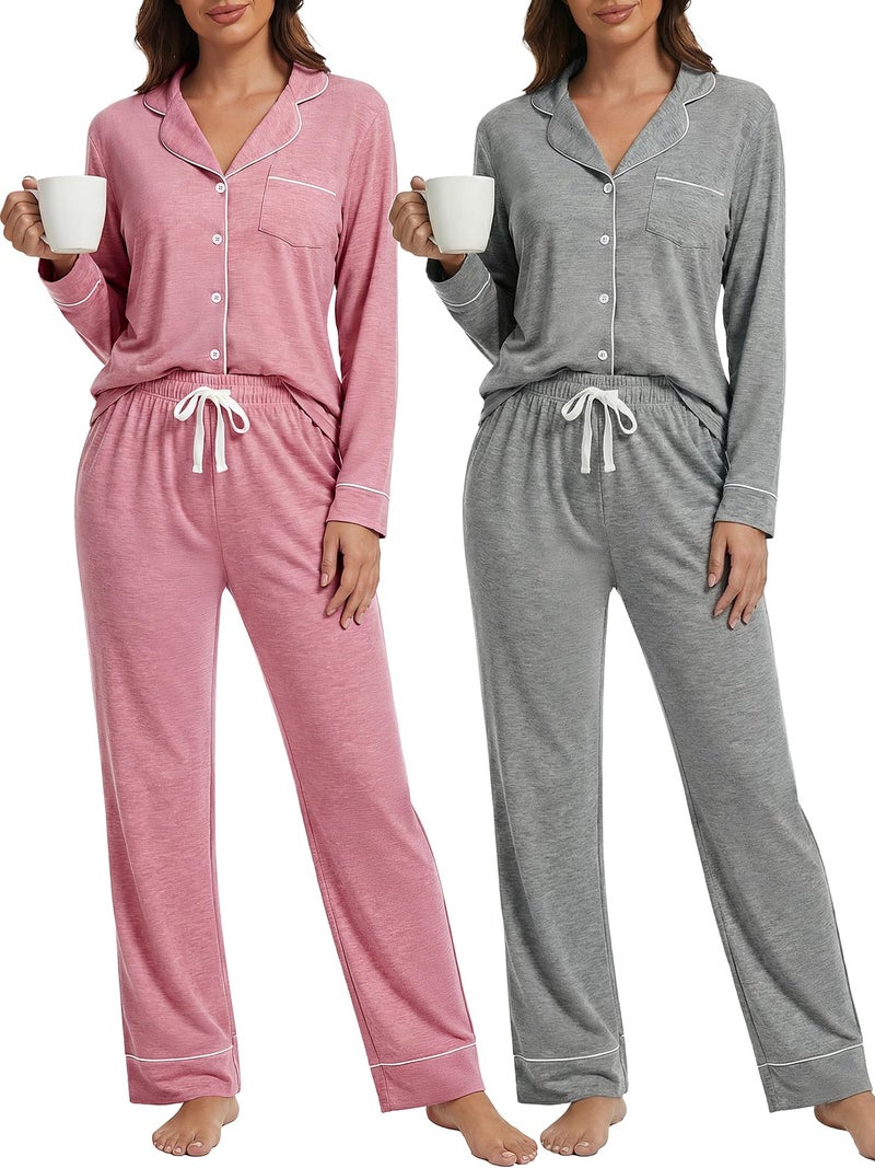 Simlakey 2 Pack Womens Pajama Sets Long Sleeve Button Down Sleepwear 2 Piece Soft Warm Notch Collar Nightwear Pjs Lounge Set(Pink/light Gray,Medium) - Image 1