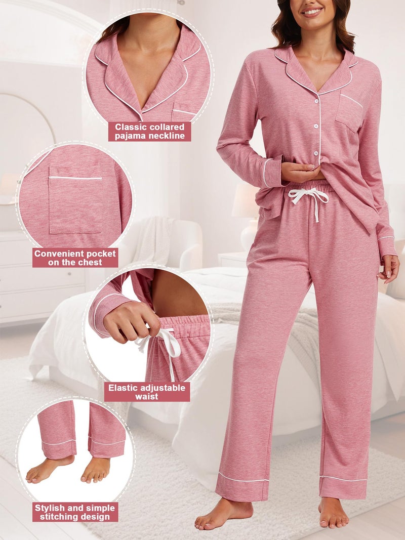 Simlakey 2 Pack Womens Pajama Sets Long Sleeve Button Down Sleepwear 2 Piece Soft Warm Notch Collar Nightwear Pjs Lounge Set(Pink/light Gray,Medium) - Image 5