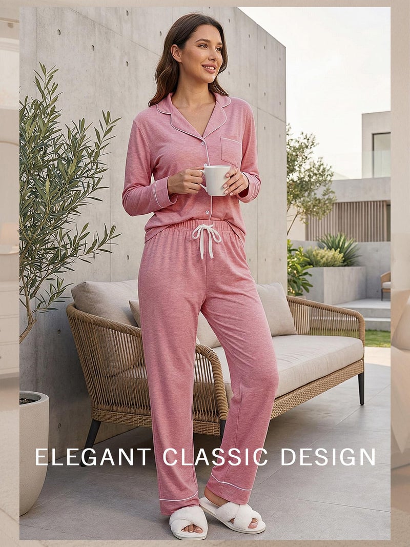 Simlakey 2 Pack Womens Pajama Sets Long Sleeve Button Down Sleepwear 2 Piece Soft Warm Notch Collar Nightwear Pjs Lounge Set(Pink/light Gray,Medium) - Image 4