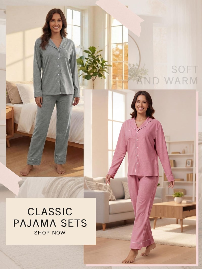 Simlakey 2 Pack Womens Pajama Sets Long Sleeve Button Down Sleepwear 2 Piece Soft Warm Notch Collar Nightwear Pjs Lounge Set(Pink/light Gray,Medium) - Image 3