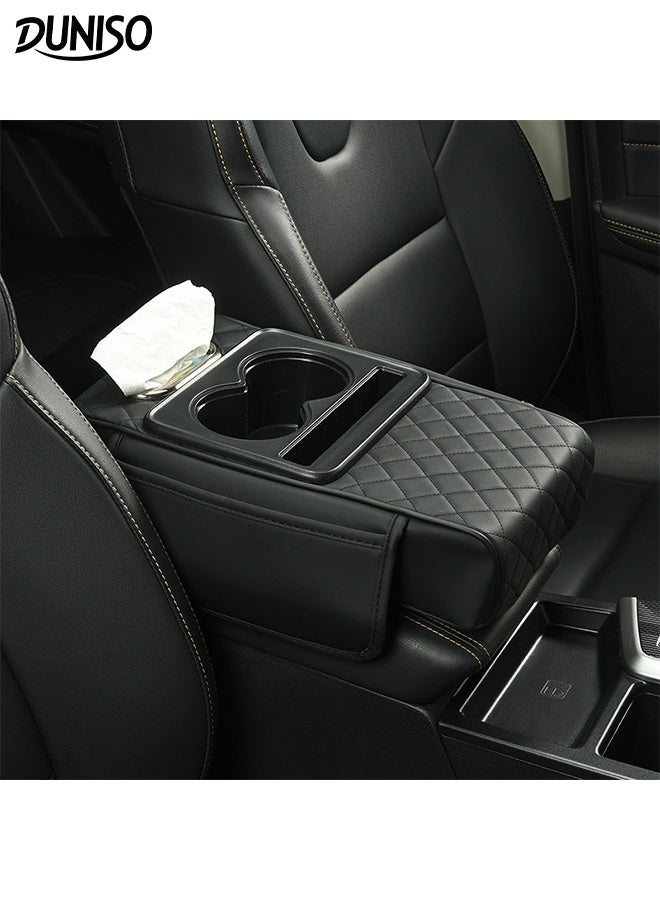 DUNISO Car Center Console Cover Protector with Side Pockets Multifunctional Car Armrest Cover Cushion 3in1 Car Tissue Box Cup Holder Auto Center Console Armrest Pillow Comfortable Car Armrest Pads with Storage Grid for Most Vehicles, SUVs, Trucks, Cars - Image 1