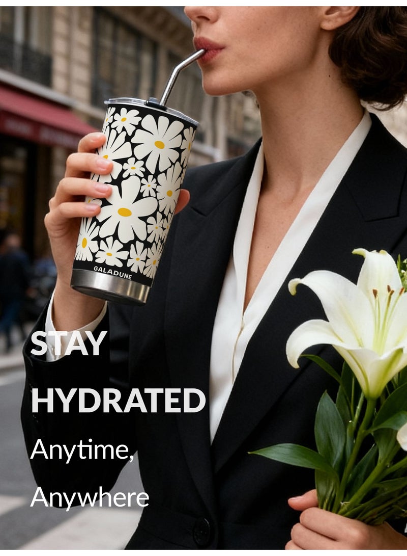 GALADUNE Travel Coffee Mug 20OZ Stainless Steel Double-wall Vacuum Insulated Coffee Cup with Straw and Brush, Creative Daisy Design Tumbler, Suitable for Iced & Hot Drinks, Ideal Gift - Image 2