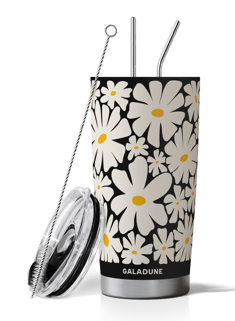 GALADUNE Travel Coffee Mug 20OZ Stainless Steel Double-wall Vacuum Insulated Coffee Cup with Straw and Brush, Creative Daisy Design Tumbler, Suitable for Iced & Hot Drinks, Ideal Gift - Image 1