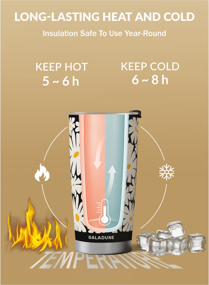 GALADUNE Travel Coffee Mug 20OZ Stainless Steel Double-wall Vacuum Insulated Coffee Cup with Straw and Brush, Creative Daisy Design Tumbler, Suitable for Iced & Hot Drinks, Ideal Gift - Image 4