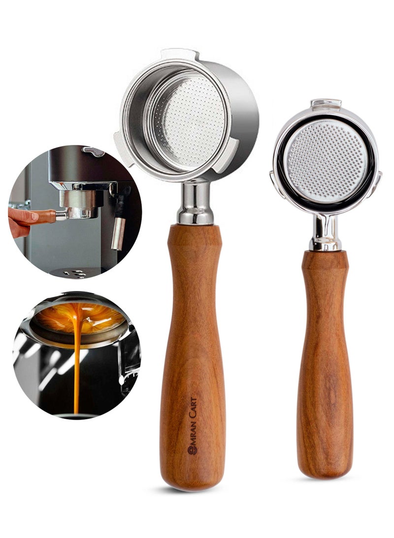 عمران كارت بورتافلتر Omran Cart مقاس 51 مم متوافق مع أجهزة Delonghi Dedica EC680، EC685، EC695، EC785، EC820، EC850، EC860، EC885، EC890 و SMEG ECF01، برأس من الستانلس ستيل ومقبض خشبي، مع سلة تحضير مزدوجة (2 كوب) - Image 1