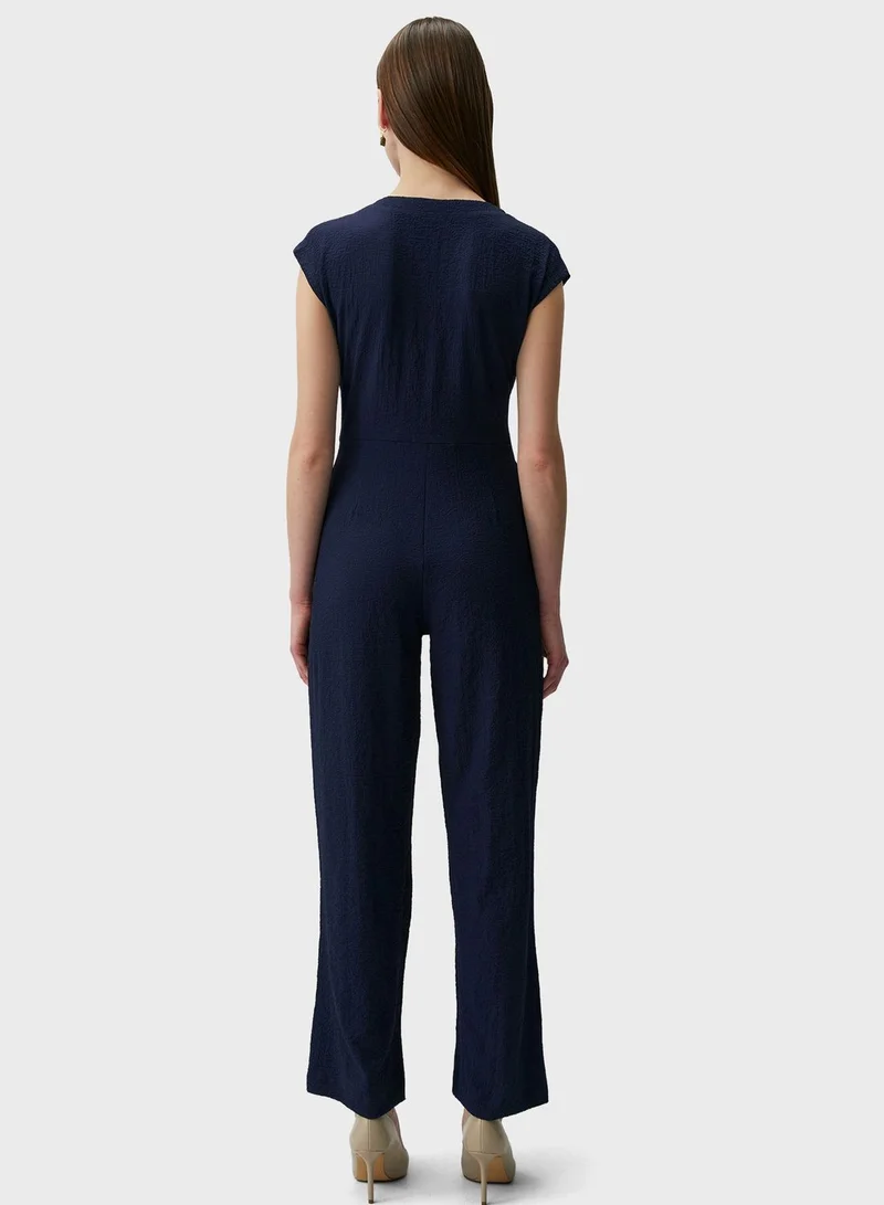 Jimmy Key V-Neck Button Detail  Wide Leg Jumpsuit