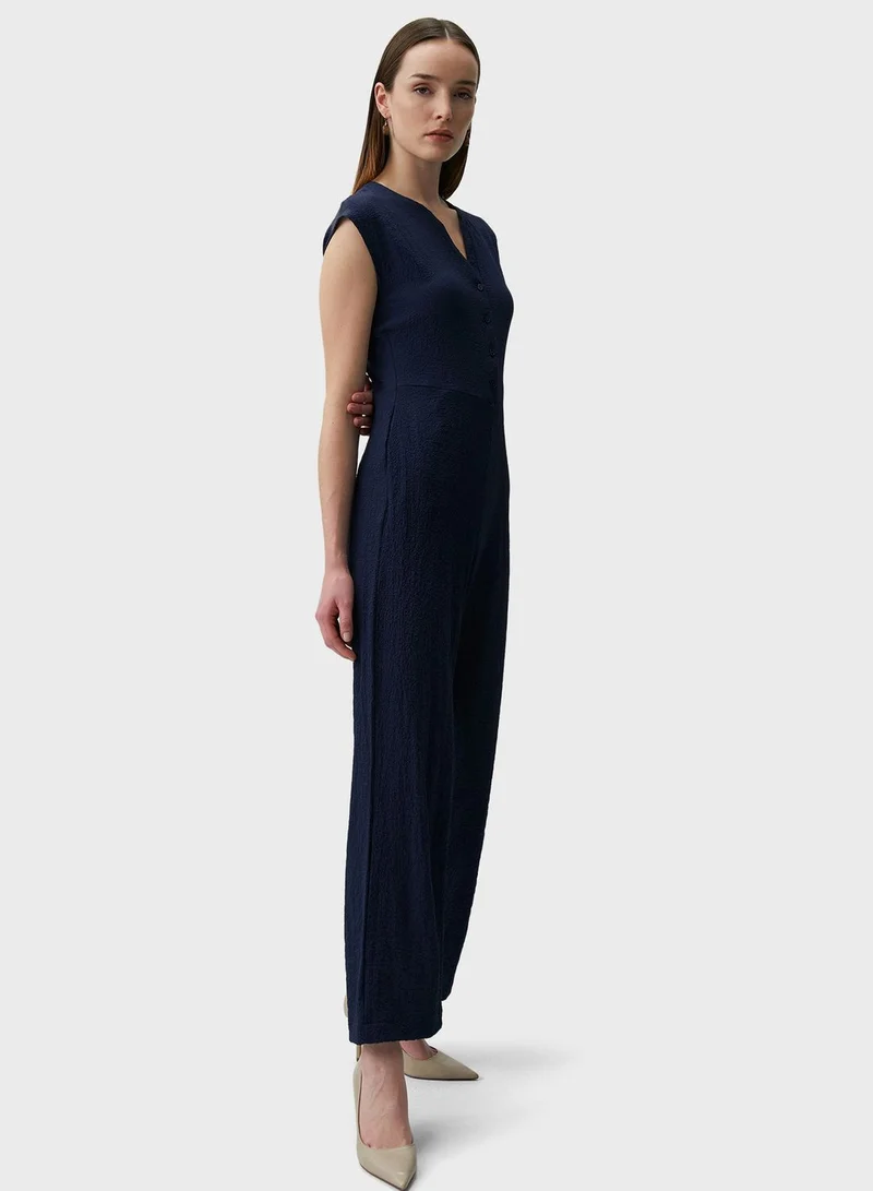 Jimmy Key V-Neck Button Detail  Wide Leg Jumpsuit