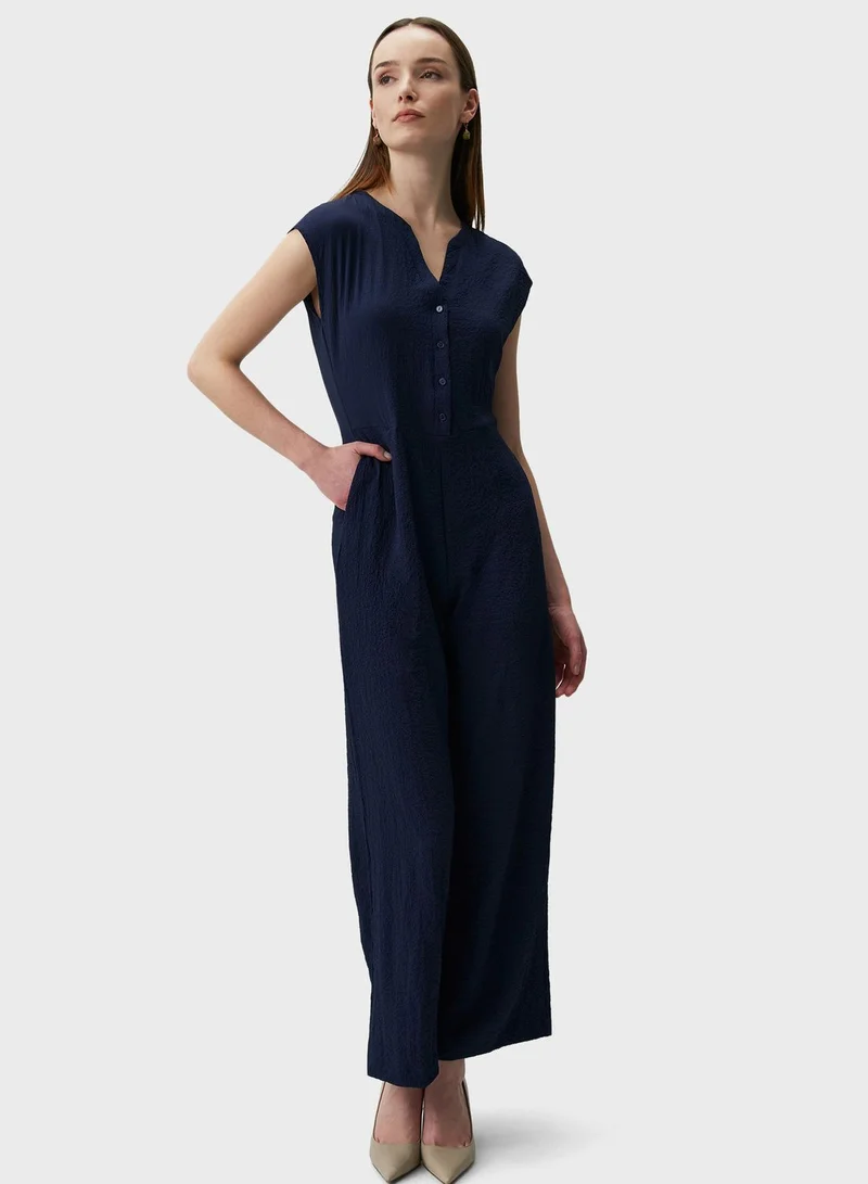 Jimmy Key V-Neck Button Detail  Wide Leg Jumpsuit