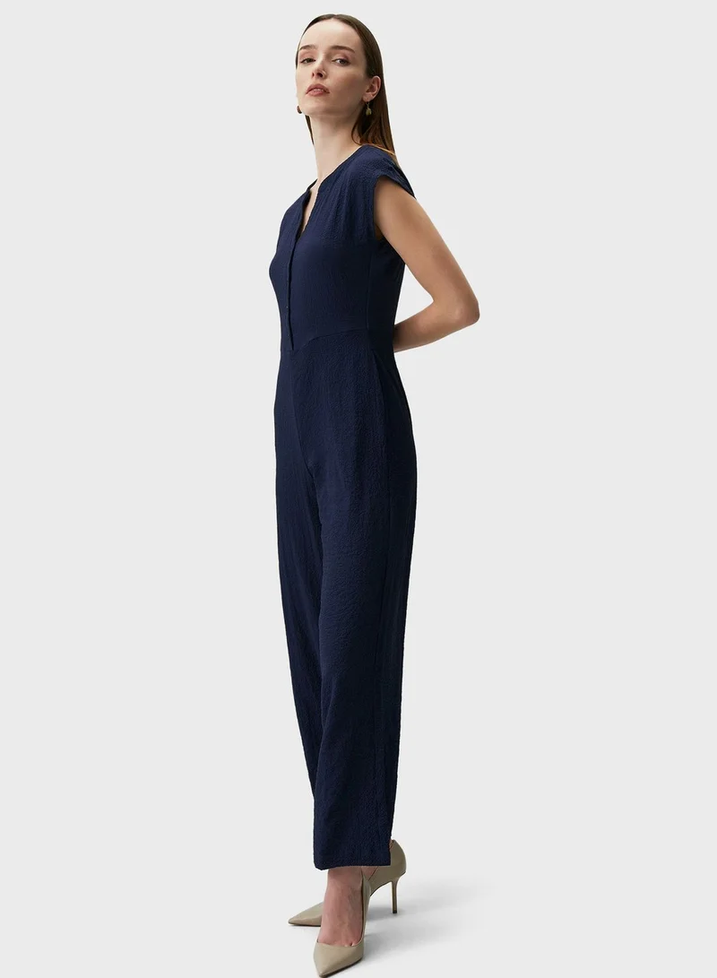 Jimmy Key V-Neck Button Detail  Wide Leg Jumpsuit