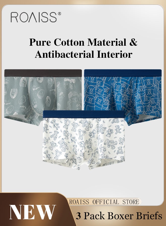 roaiss Three-Piece Men's Trendy Breathable Cotton Underwear Set Comfortable Boxer Briefs for Teenagers Mid-Rise Antibacterial, Durable, Printed Shorts Suitable for Sports - Image 1